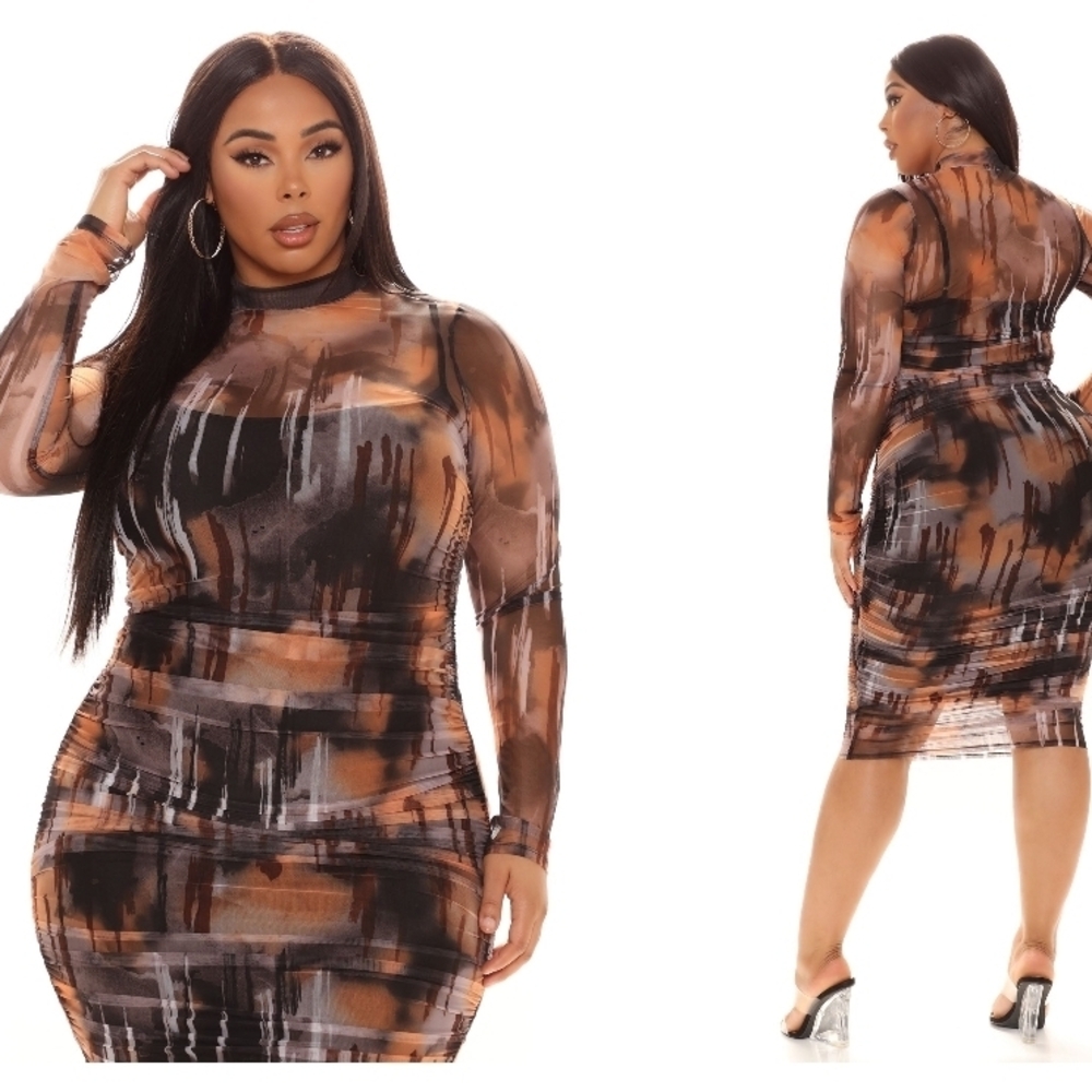 Brown and Black Bodycon Long Sleeve Dress for Night Out